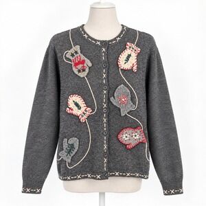 Vintage 90s Holiday Mitten Cardigan Size S Gray Winter Ugly Christmas Novelty
